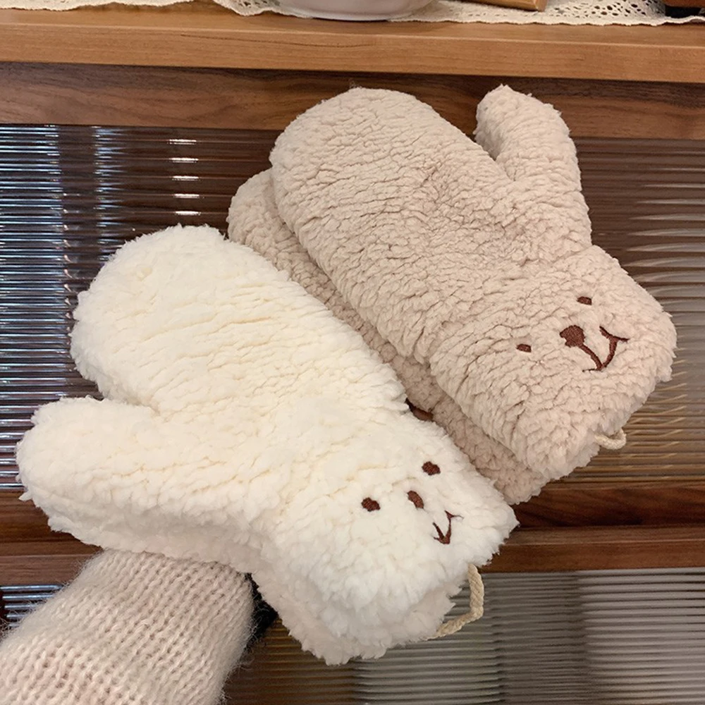 

Plush Winter Thick Warm Fingerless Gloves Girls Korean Japanese Solid Color Glove With Ropes Casual Outdoor Riding Mittens