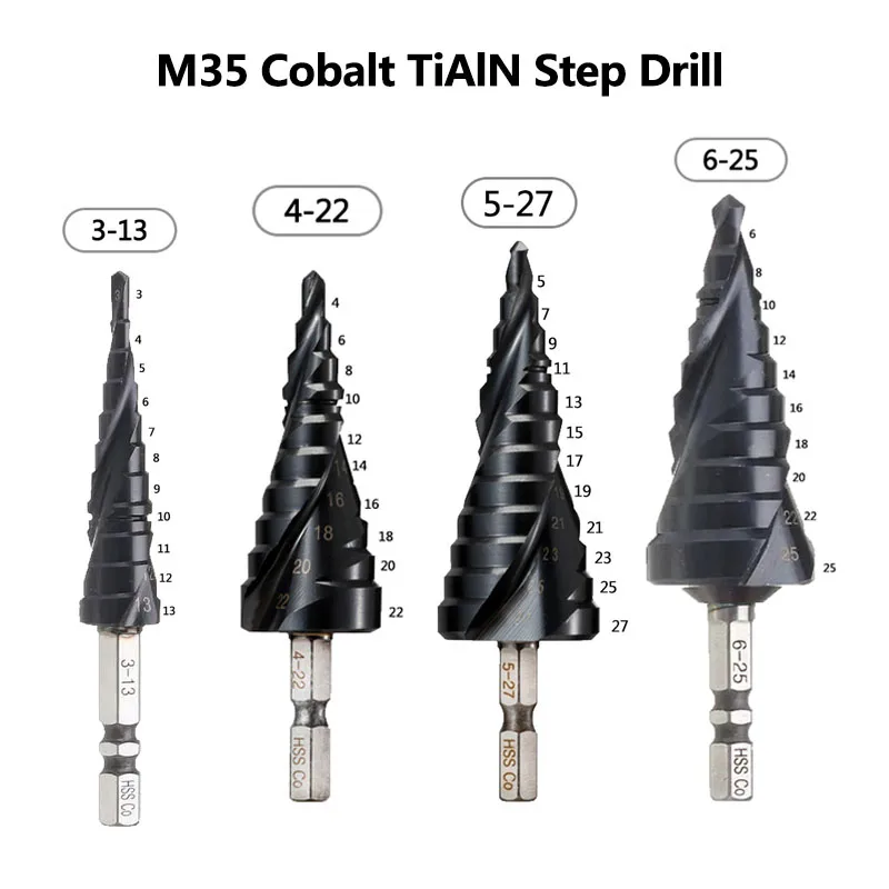 

M35 Cobalt TiAlN HRC89 Coated Step Drill Bit 3-13/6-25/6-35mm 1/4 Inch Hex Shank Metal Drilling Hole Opener For Stainless Steel