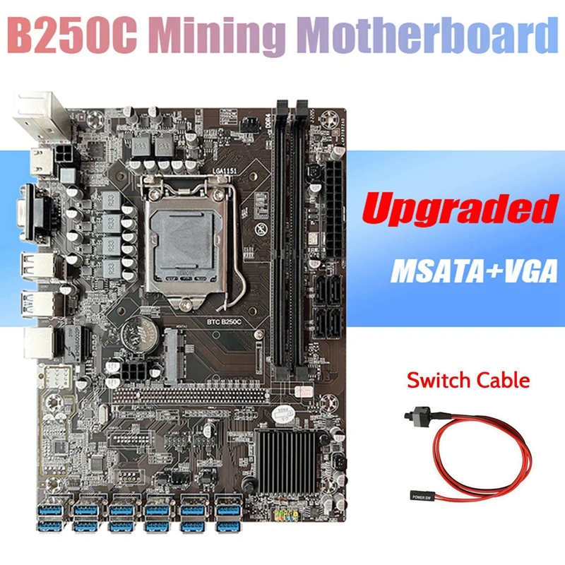 B250C BTC Mining Motherboard+Switch Cable 12XPCIE to USB3.0 Graphics Card Slot LGA1151 DDR4 MSATA ETH Miner Motherboard gaming pc motherboard cheap