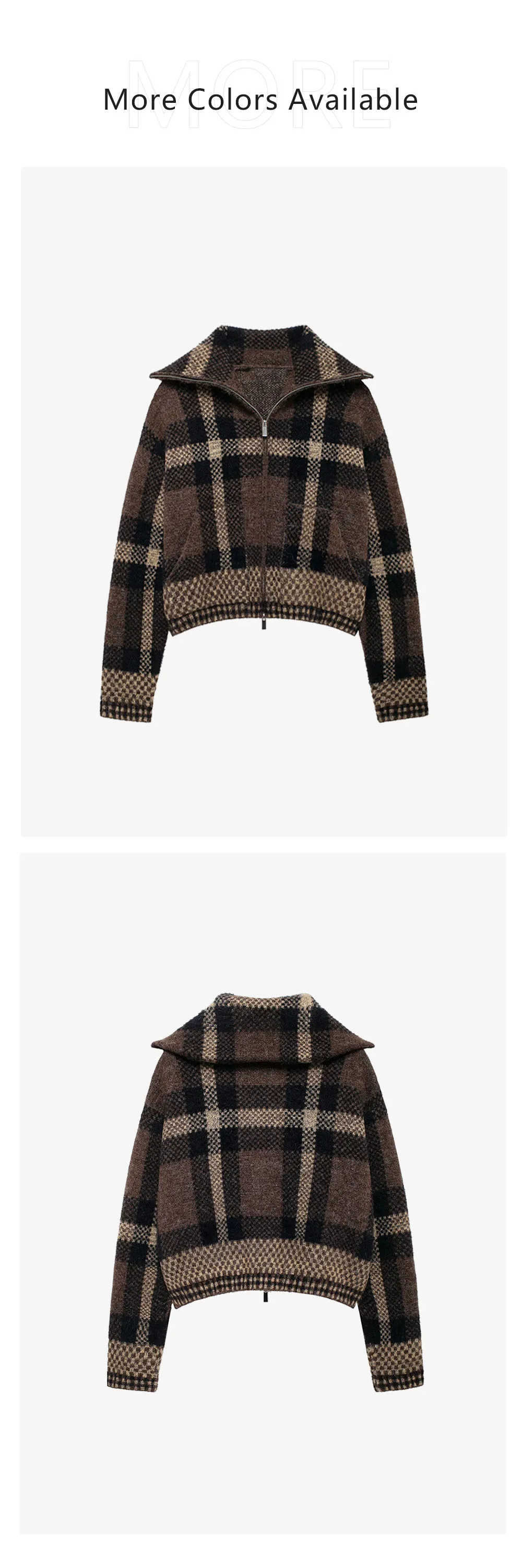 Description Picture 5 of item2024 autumn new women's clothing style fashionable and versatile lapel zipper decoration plaid knit pilot jacket jacket