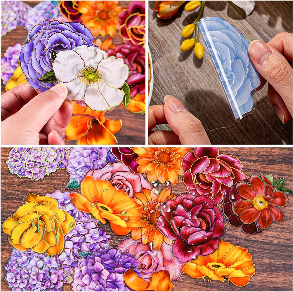 80 Pieces Large Size Waterproof Flower Stickers with Gold Holographic Outlines Glitter Shiny Floral Decorative Decals Planner