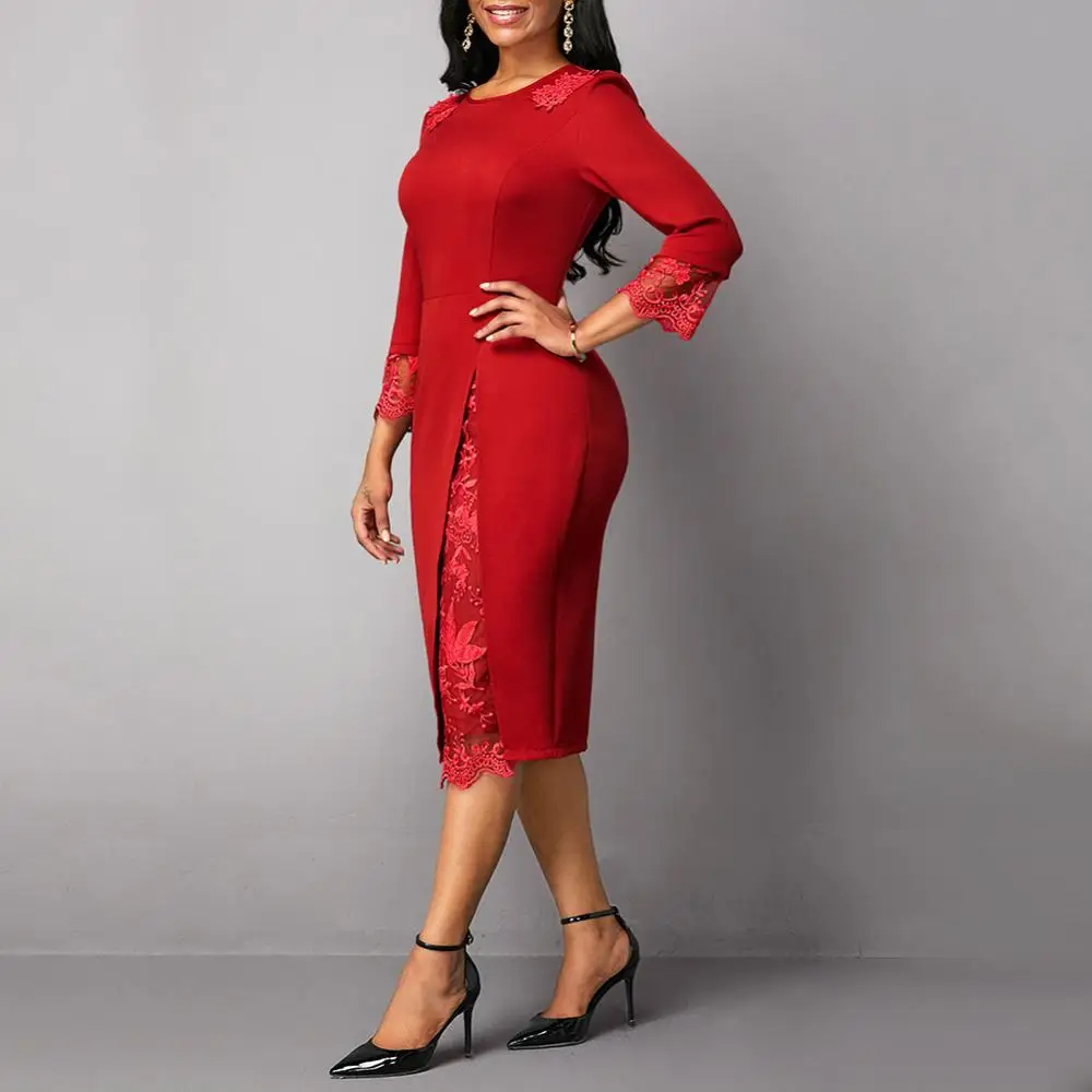 

Women O Neck 3/4 Long Sleeve Lace Stitching High Slit Bodycon Midi Party Dress Lace Stitching High Slit Bodycon Midi Party Dress
