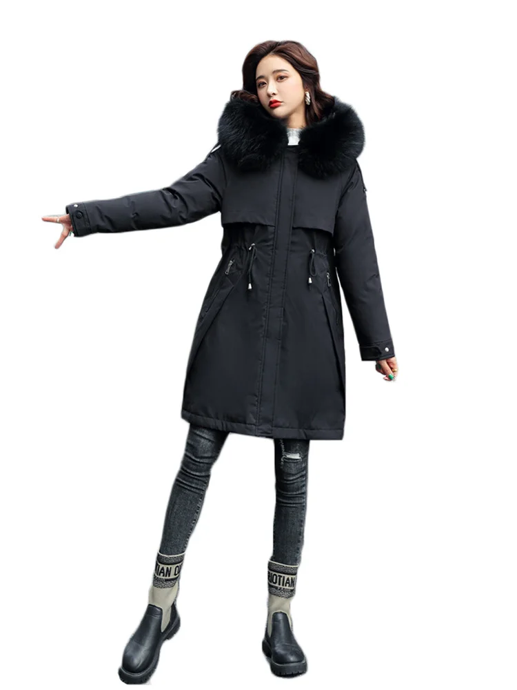 

Winter Coat Women Black M-3XL Add Velvet Thick Warmth Fur Hooded Cotton Coats 2022 New Fashion Long Loose Korean Parkas Feminina