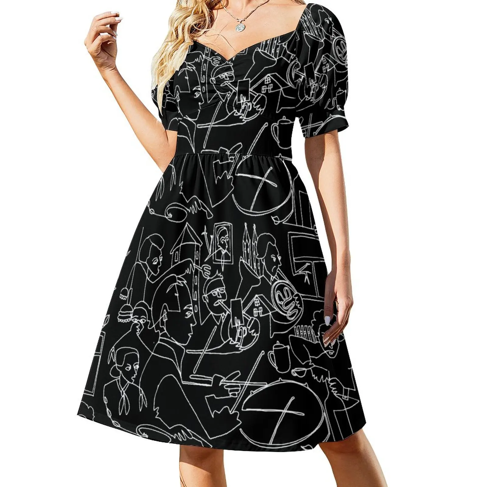 thumbnail image 1 of Vestido de manga corta con diseño de banda de música y garabatos, vestidos de noche para mujer, vestido de mujer, 1 of 7