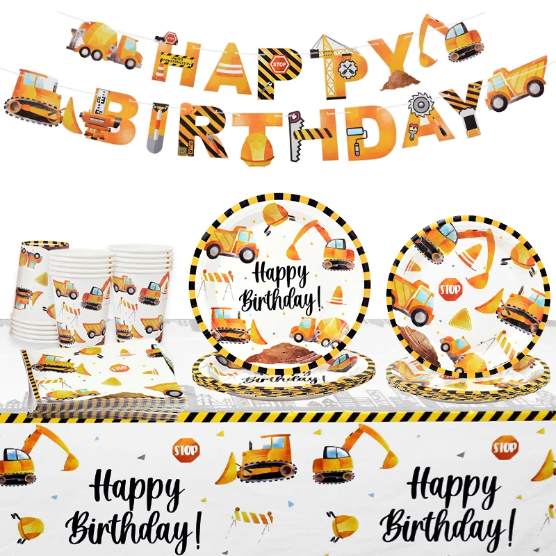 Construction Party Disposable Tableware Kids Boys Engineering Vehicle Theme Birthday Party Decorations Truck Balloon Supplies