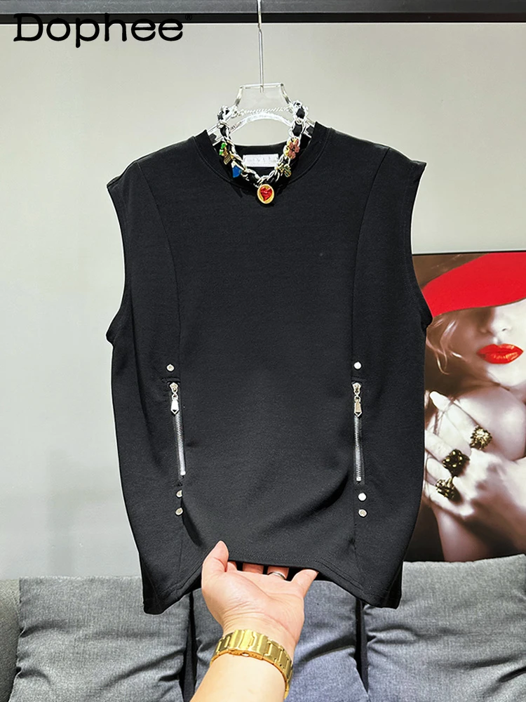 

2024 Summer Trendy Male Metal Zipper Decorations Sleeveless Vests Fashion Casual Loose Tank Tops Handsome All-Match Men's Vest