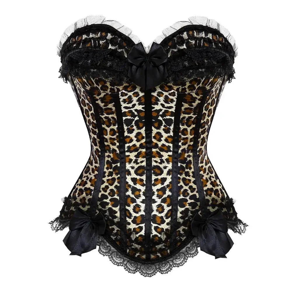 Corset Femme Sexy Satin Lace Overlay Corsets Padded Zip Bustier Victorian Leopard Overbust Corselet Carnival Party Costumes