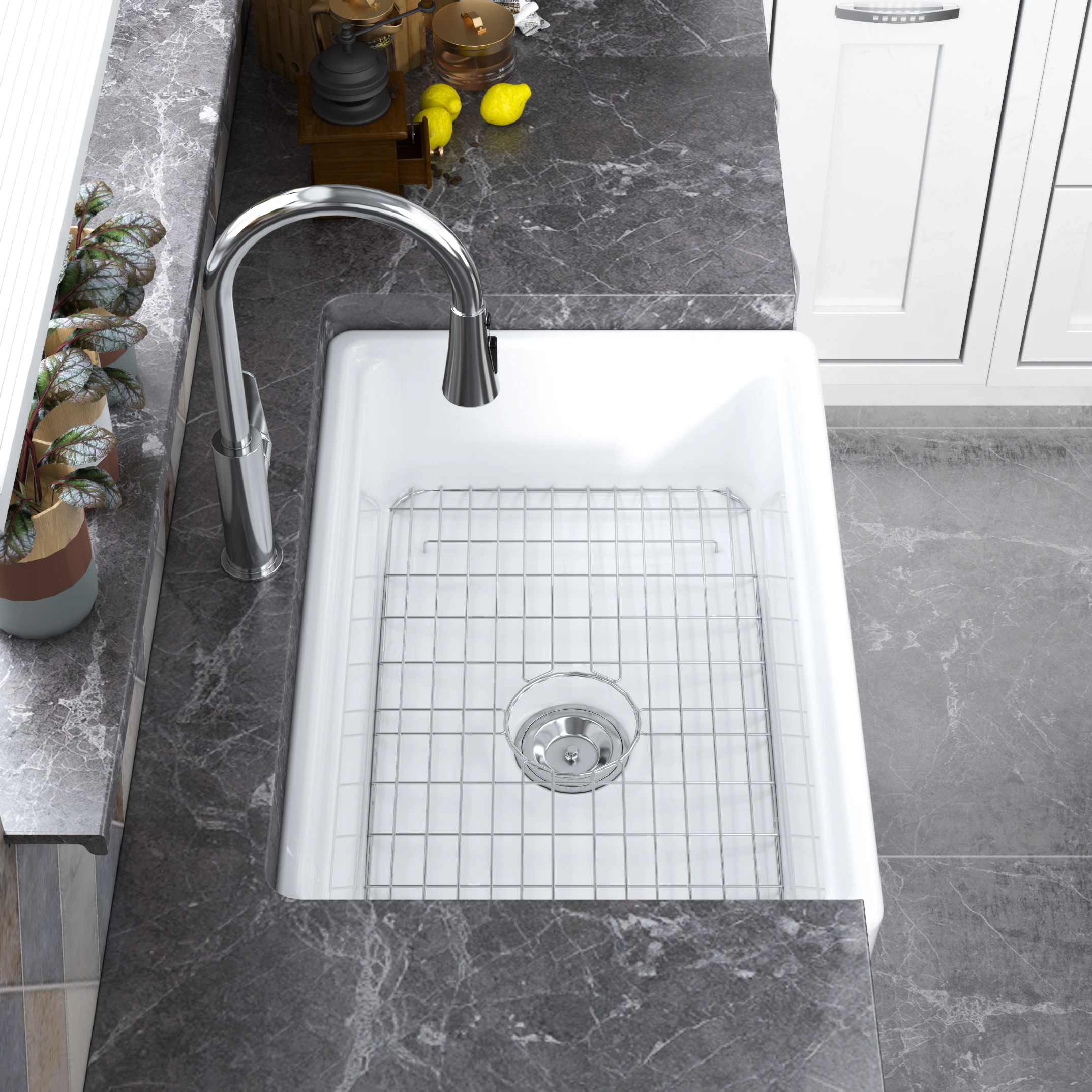 MEJE Single/Doubble Bowl Farmhouse Kitchen Sink ,Ceramic with Cutting Board ,Grid & Strainer-White 76/84 CM