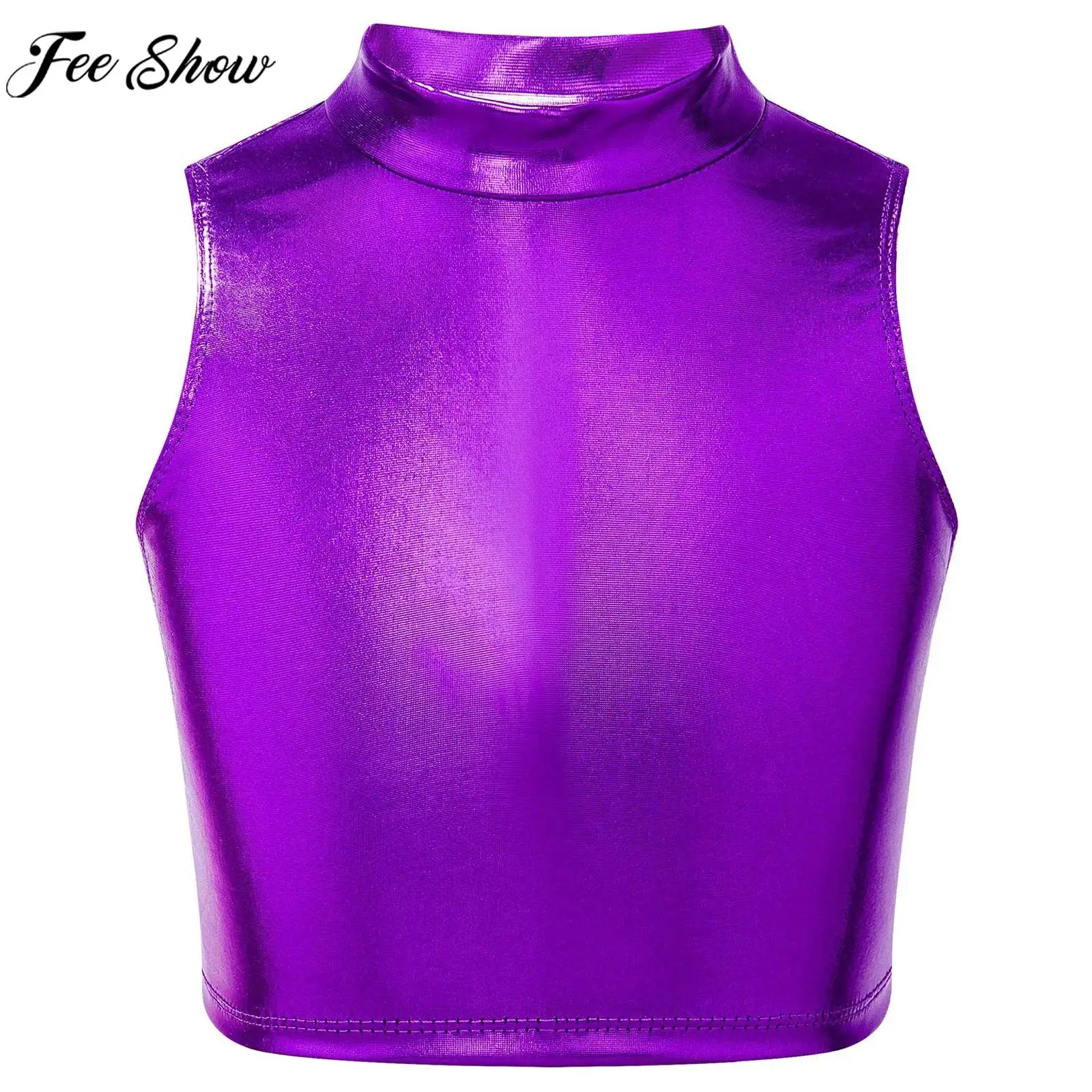 

Children Girls Jazz Dance Ballet Gymnastics Performance Crop Tops Sleeveless Metallic Turtleneck Tank Vest Dancewear Sportswear