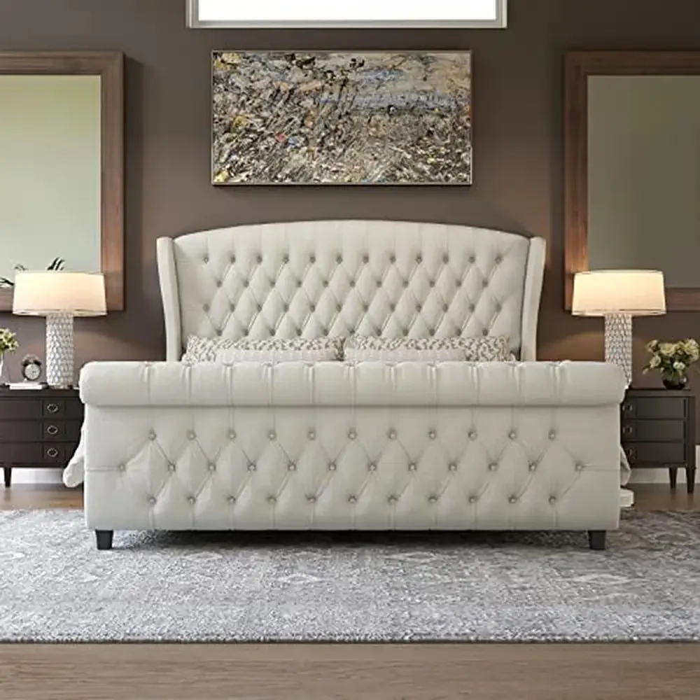 Chenille Upholstered Queen Size Sleigh Bed Scroll Wingback Headboard & Footboard Button Tufted Artisan Hand-Made No Box Spring 3
