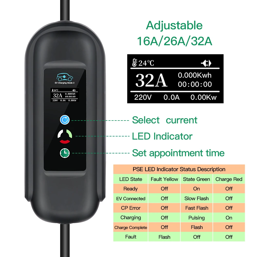 Chiefleed 32A Type1 Type2 EV Charger 7.2KW 16A 26A 32A Adjustable CEE Blue Plug 220V for IEC 62196-2 Vehicles Charging