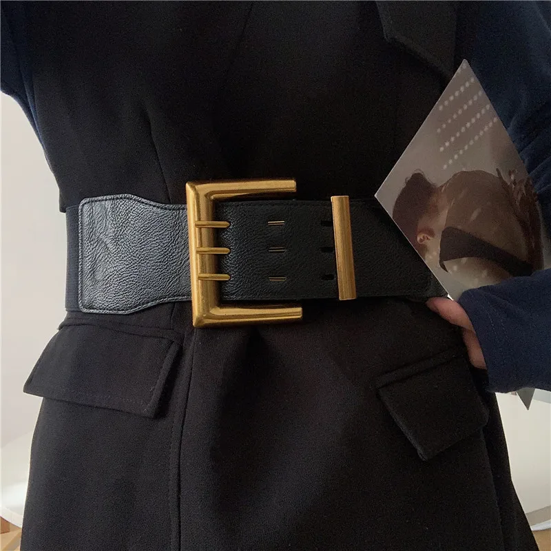 High Quality Vintage Big Alloy Buackle Wide Waistbands Luxury Designe Elastic Party Belts for Woman dress coat black waist seal