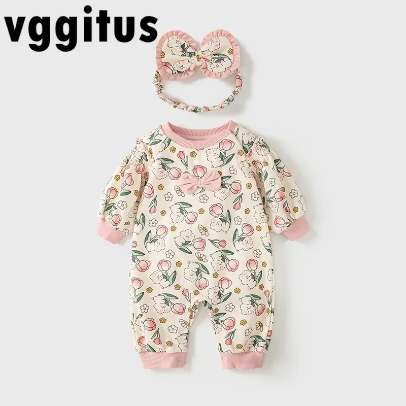 

New Spring Autumn Baby Girl Romper Long Sleeves Round Collar Cartoon Rabbit Print One-Pieces Jumpsuit with Headwear E23752