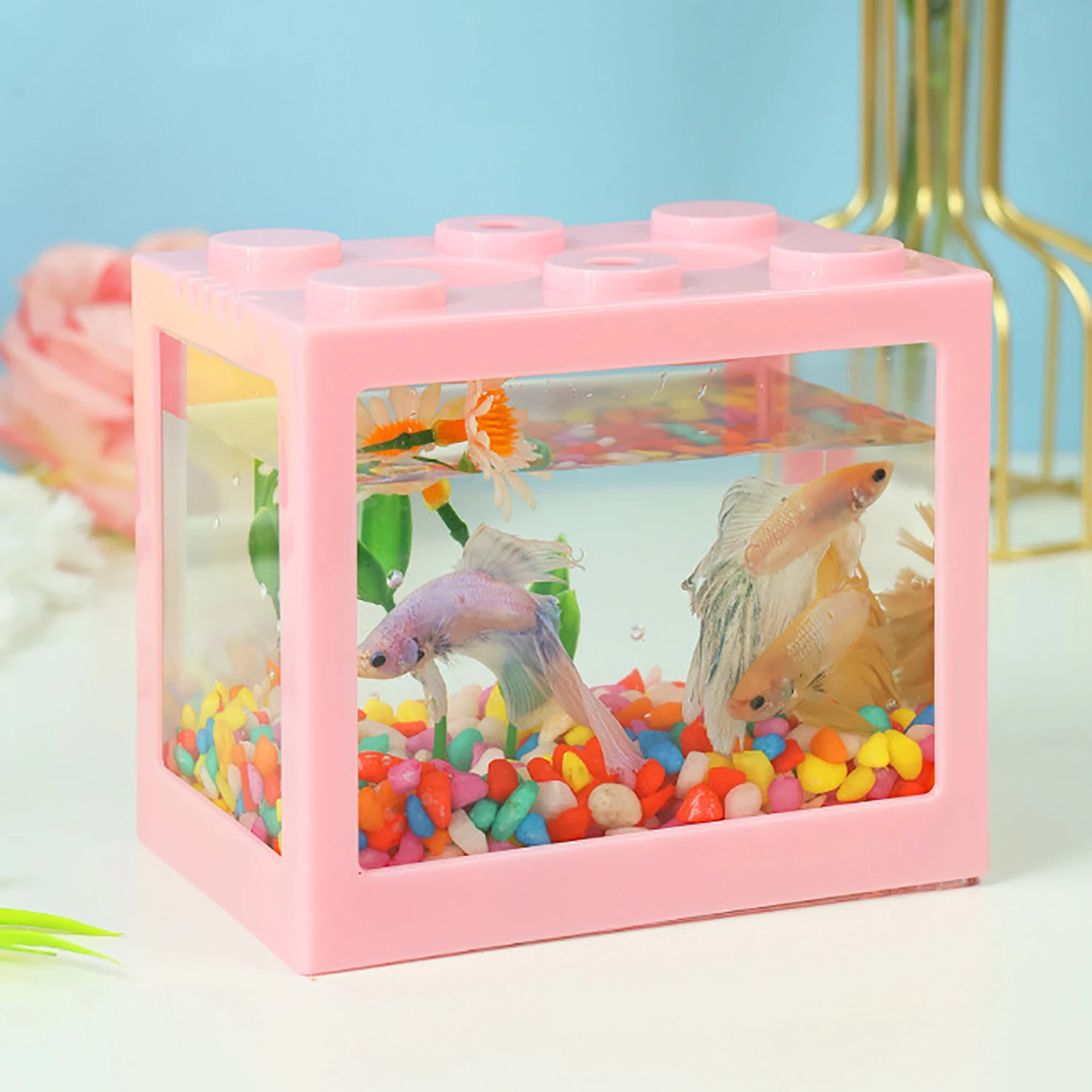 Mini Plastic Fish Tank Stackable Desktop Mini Aquarium Micro Aquatic Landscape Tank LED Light Decor Small Eco Cylinder Supplies