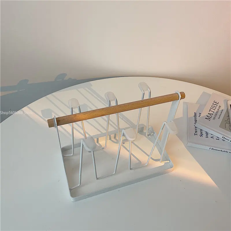 White Metal Water Cup Holder Drain Rack with Tray Home Kitchen Bar Water Cup Storage Wrought Iron Holder