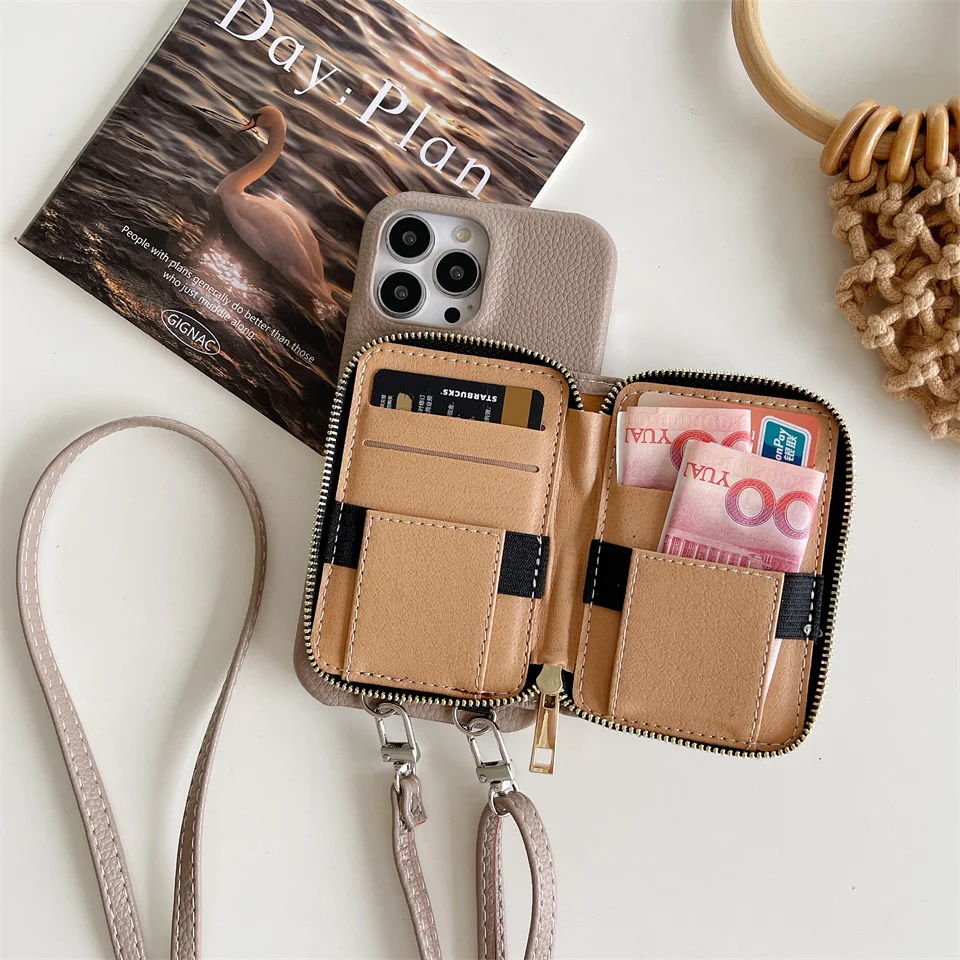 Crossbody Shoulder Strap Zipper Wallet Leather Case For iPhone 15 14 13 12 Mini 11 Pro XS Max XR 8 7 6S Plus SE 2020 Card Cover