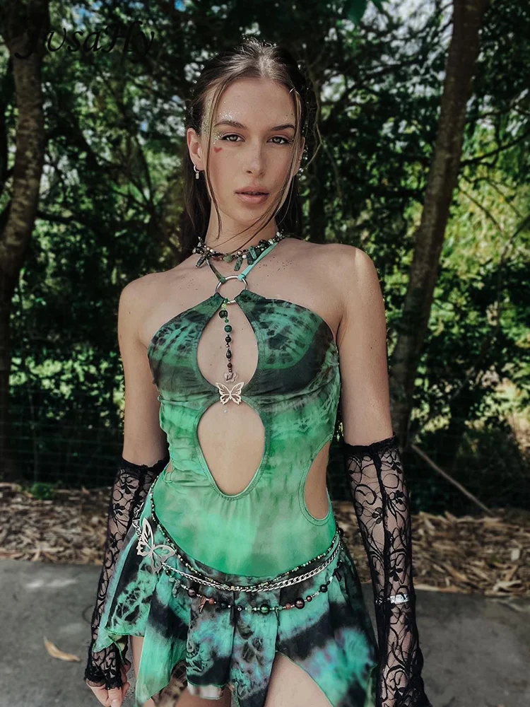 

JusaHy Women Y2K Sexy High Street Backless Dresses Lace-up Chic Sweet Mesh Hollow Out +Long Sleeves Coat Party Mini Dress 2023