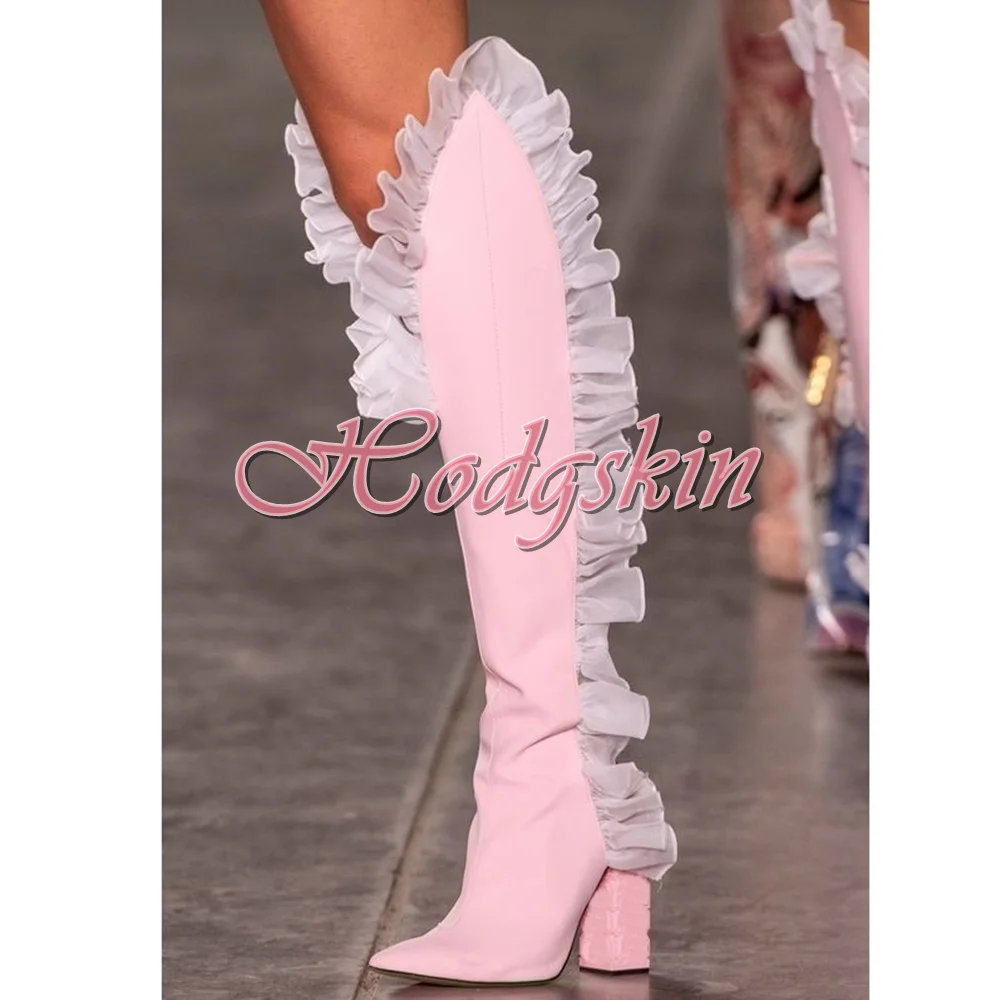

Hoop And Loop Straps Lace Boots Pointy Toe Solid Pink Cut Outs Knee High Boots Chunky High Heels New Style Autumn Party Shoes