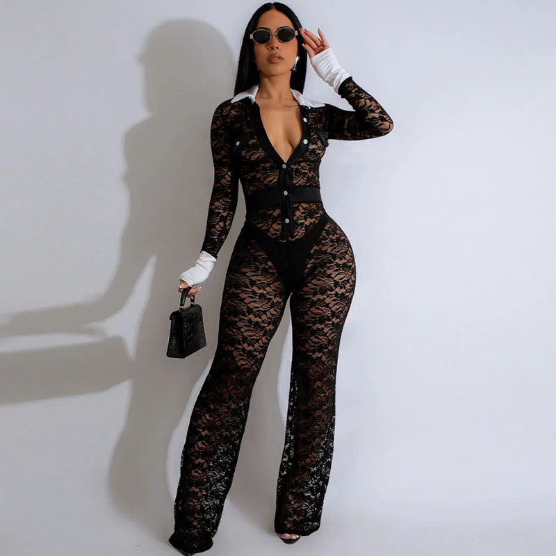 

Sexy See Through Lace Jumpsuits Women Long Sleeve Turn-down Collar Button Up Skinny Patchwork Nightclub Rompers Flare Pants Mono