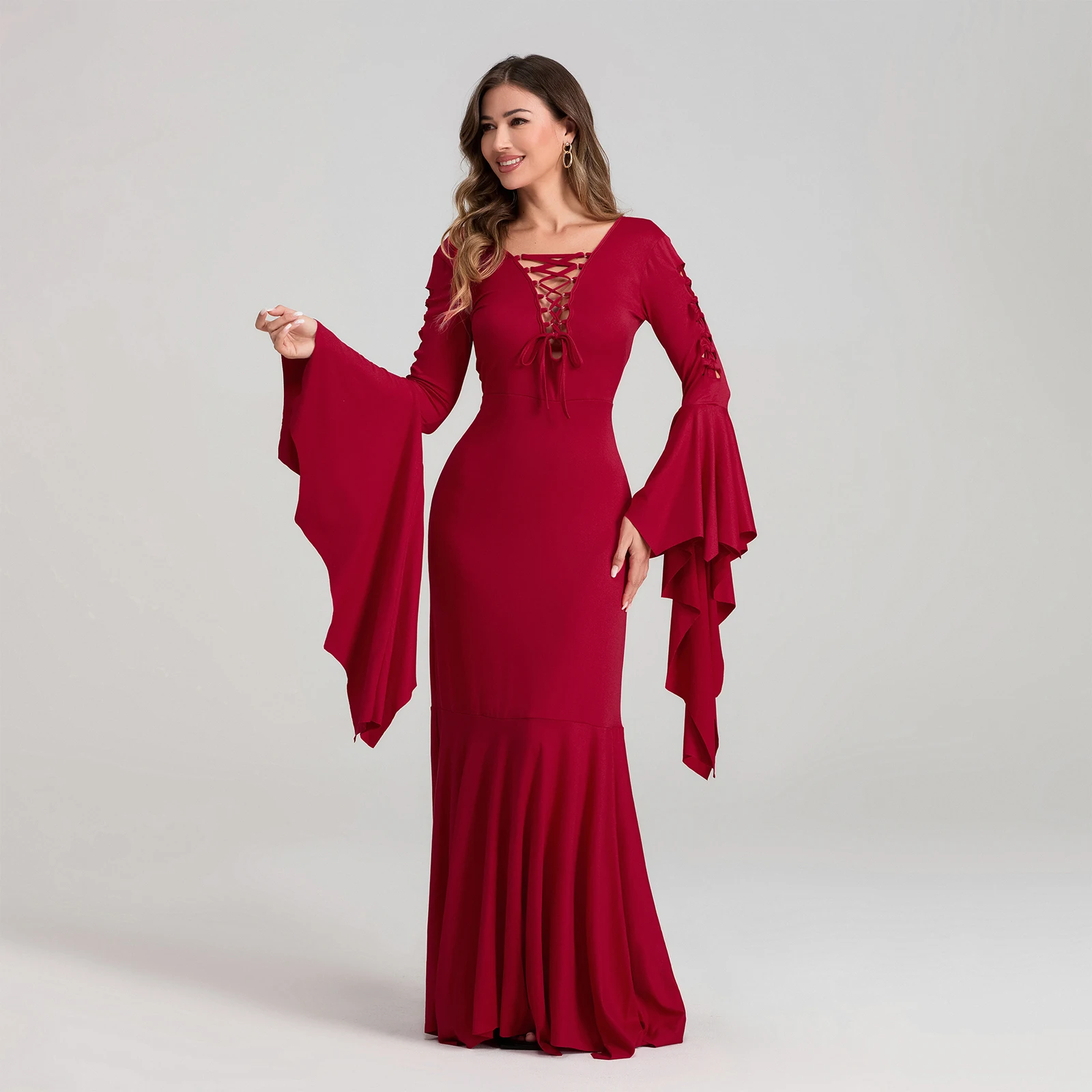 Women Halloween Vampire Cosplay Costumes Cut-out Cross Lacing Long Sleeves Bodycon Floor Dress Gothic Cosplay Outfits