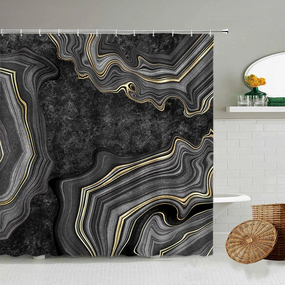 

Abstract Marble Shower Curtains Creative Black Grey Gold Line Ripple Geometric Bath Curtain Modern Cloth Home Bathroom Decor Set