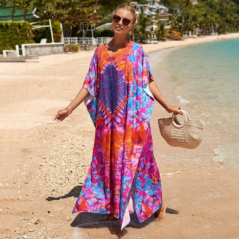 Swimsuit Sarong Boho Printed Women Maxi Beach Cover Up Dress 2022 Robe Plage Swimsuit Over Size Beach Kaftan Pareos One Size