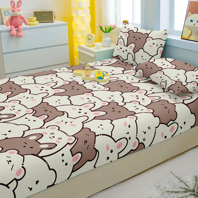 Ensemble de literie 3 pièces avec motif ours amusant, drap-housse, couverture de lit imprimée, dessin animé, chambre à coucher 5