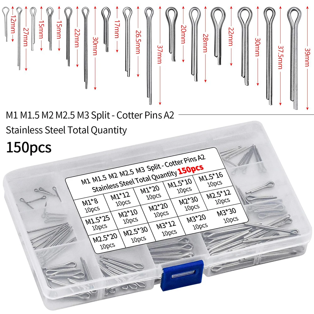 150 피스 코터 핀 분류 키트, 15 가지 크기, 아연 도금, 스테인리스 스틸, M1, M1.5, M2, M2.5, M3 코터 핀 패스너