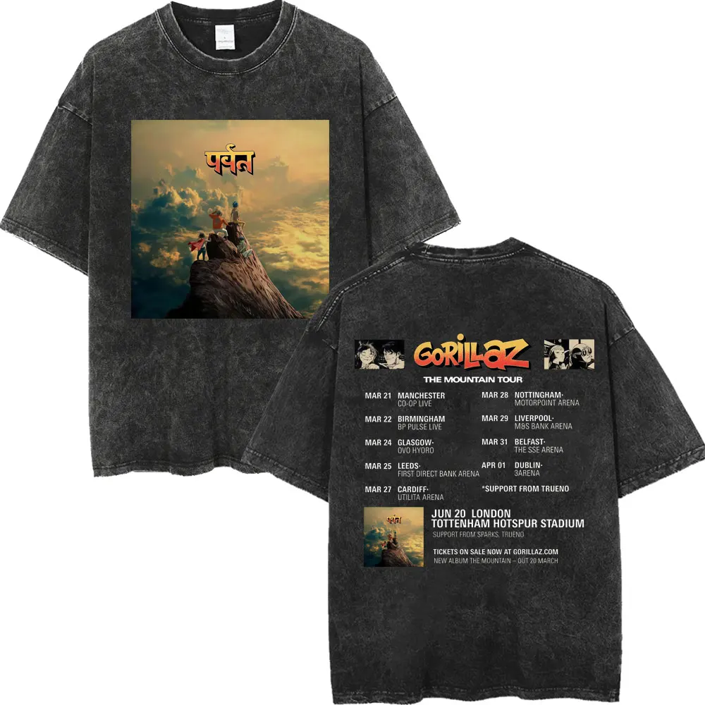 Gorillaz The Mountain Tour 캐주얼 패션 그래픽 탑 여성용 티셔츠 유니섹스 티셔츠 남성용 코튼 반팔 워시 티셔츠