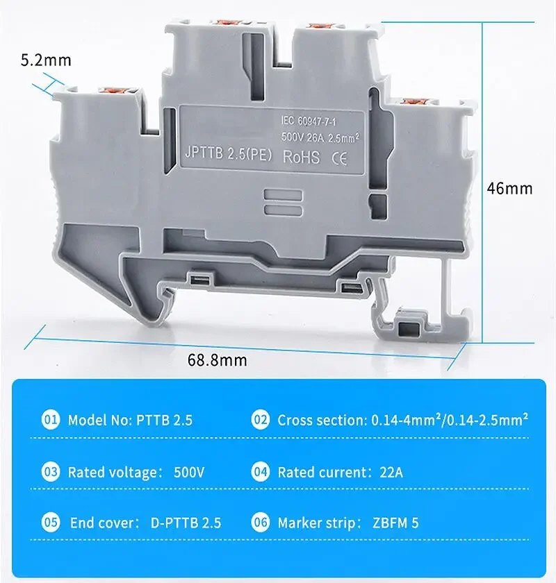 DIN Rail Terminal Block PTTB-2.5 10Pcs 4 Colors Double Layer Spring Clamp 24A 500V AWG26-16 PE Conductor