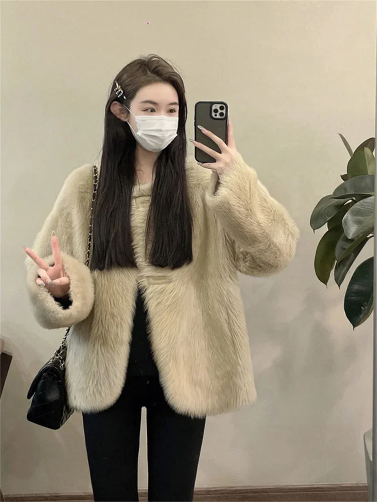 High-End Fashion Retro Solid Color Round Neck Long Sleeve Women's Faux Fur Coat Spring Autumn Commute Single Breasted Lamb Coat