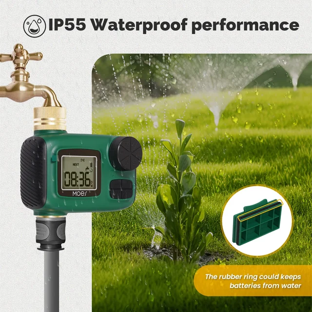 MOES Water Timer 1-Outlet Brass Inlet Rotary Knob Button Control With LCD Display Screen IP55 Waterproof Rain Delay Child Lock 4