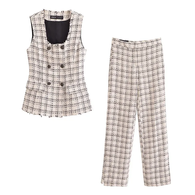 thumbnail image 1 of HH TRAF 2024 Otoño Moda Mujer Trajes de pantalón a cuadros Chaleco de cuello cuadrado Top + Cintura elástica Elegante Salvaje Femenino Pantalón largo de pierna ancha, 1 of 5