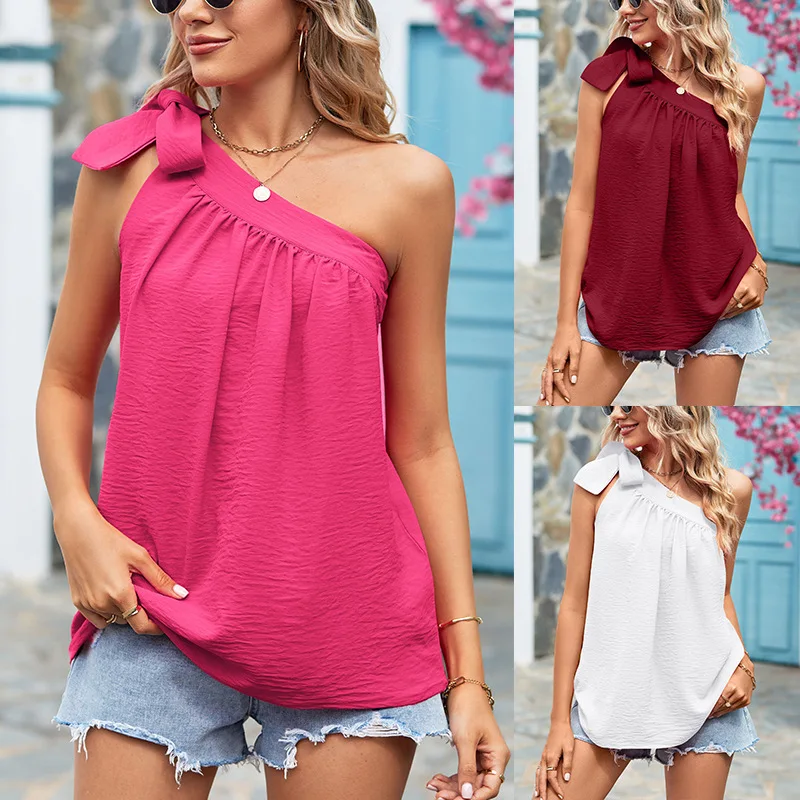 

Summer One Shoulder Tops Women Fashion Diagonal Collar Sleeveless Beach Casual Sexy Top Female Bow Knot Backless Tank Top