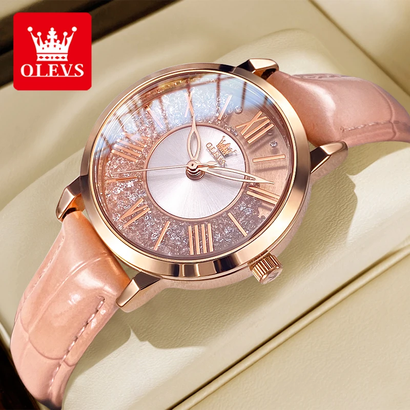 OLEVS 5539 Quartz Watch Woman Flowing Crystal Design Roman Numeral Scale Ladies Wristwatch Leather Strap Waterproof Womens Watch 1