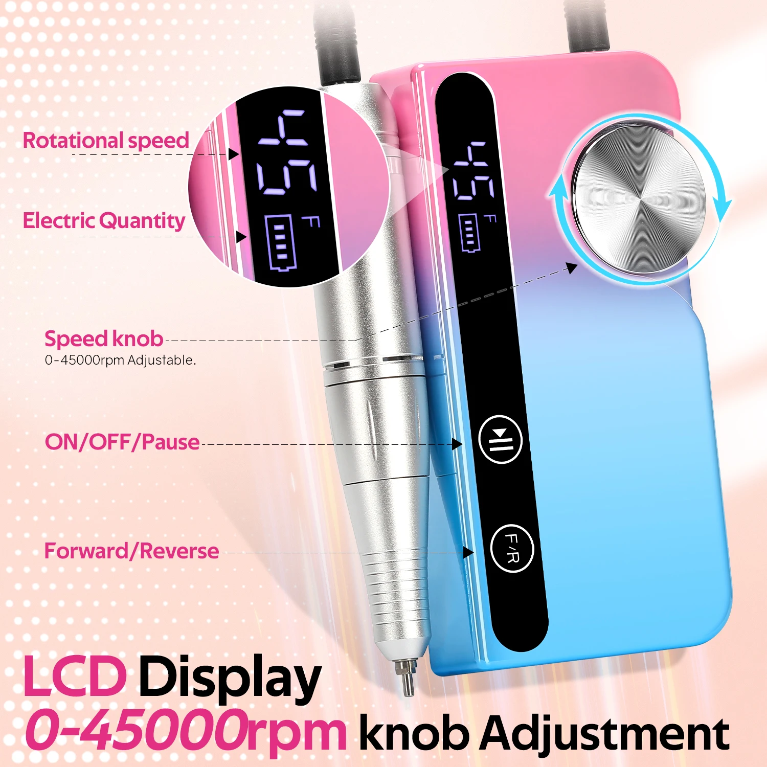 Electric Nail Drill 45000RPM Portable USB Charging Low Voice with HD LCD Display