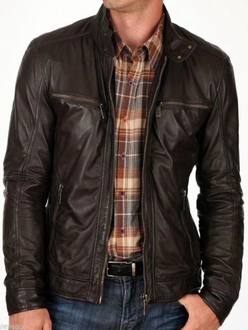 

New Men Brown Leather Jacket Real Genuine Lambskin Motorcycle Coat Fashion Outwear