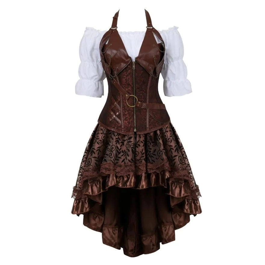 Women Steampunk Corset Dress Gothic Leather Corset Top Renaissance Blouse With Burlesque Skirt Three-Pieces Set Pirate Costume