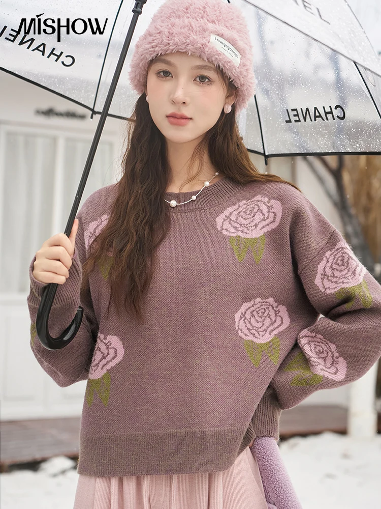 

MISHOW Women's Rose Graphic Sweater 2023 Autumn Winter O-Neck Female Clothing Pullover Knitted Top Jacquard Knitwears MXC54Z0254