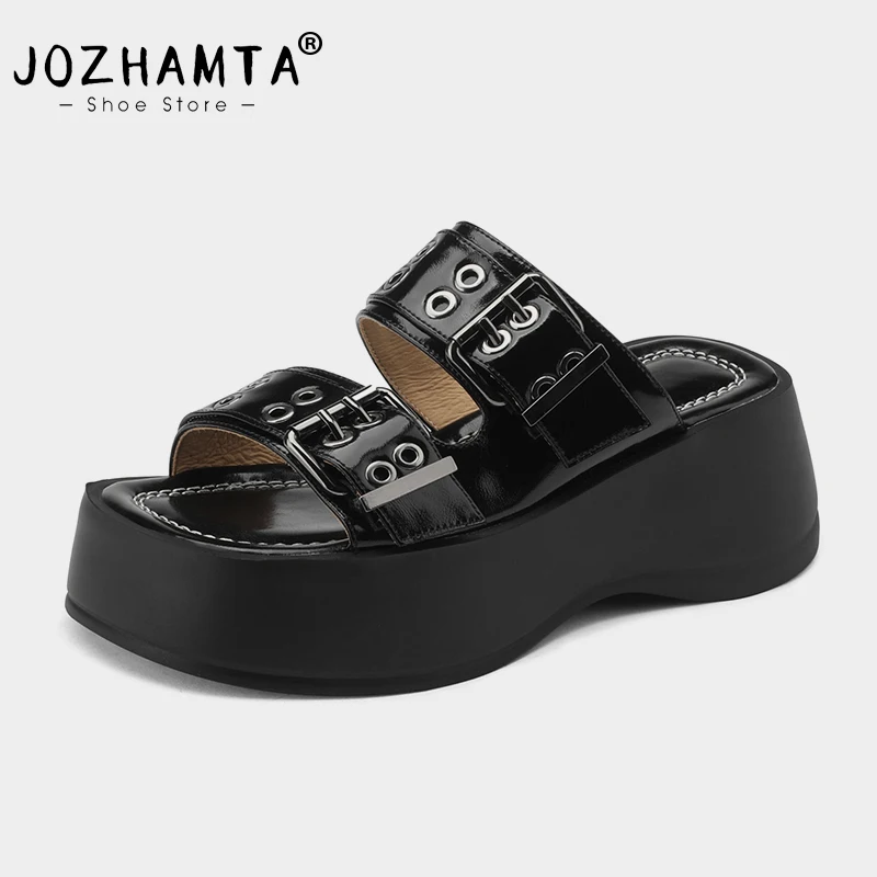 

JOZHAMTA Size 34-39 Mules Sandals Women Summer 2023 Wedges Heels Shoes Woman Real Leather Slippers High Heeled Platform Slides