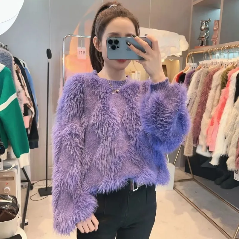 

2023 Autumn/Winter Knitwear Soft Glutinous Imitation Mink Fleece Sweater Pullover Mink Fleece Short Gentle Style Round top