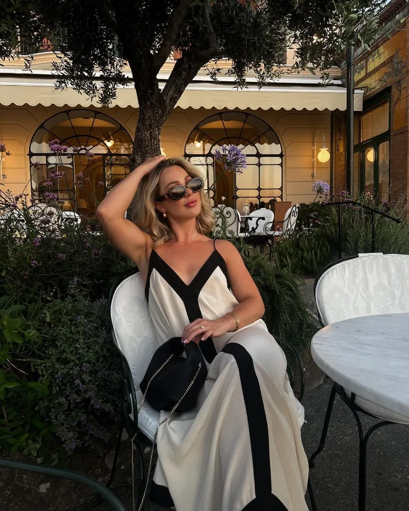 V Neck Backless Maxi Dresses For Women Color Block Slim Sexy Sundress Femme Street Fashion Party Temperament Dress Woman