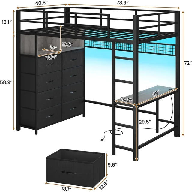 Twin Loft Bed with Desk & 8 Storage Drawers Tall Dresser, Black Metal Loft Bed with LED Lights & Charging Station, 2-Tier 2