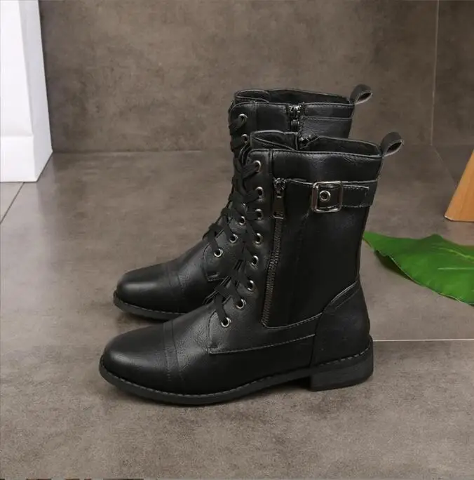 New Platform Shoes Women Boots Round Toe Zipper Spring Autumn Fashion Ankle Female Flat  boots for ladies Black Boots Large size