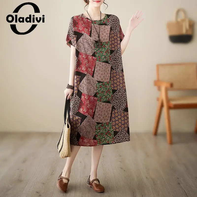

Oladivi Fashion Women Short Sleeve Cotton Linen Dress 2023 Summer New Casual Loose Dresses Vintage Ladies Oversize Clothing 6675