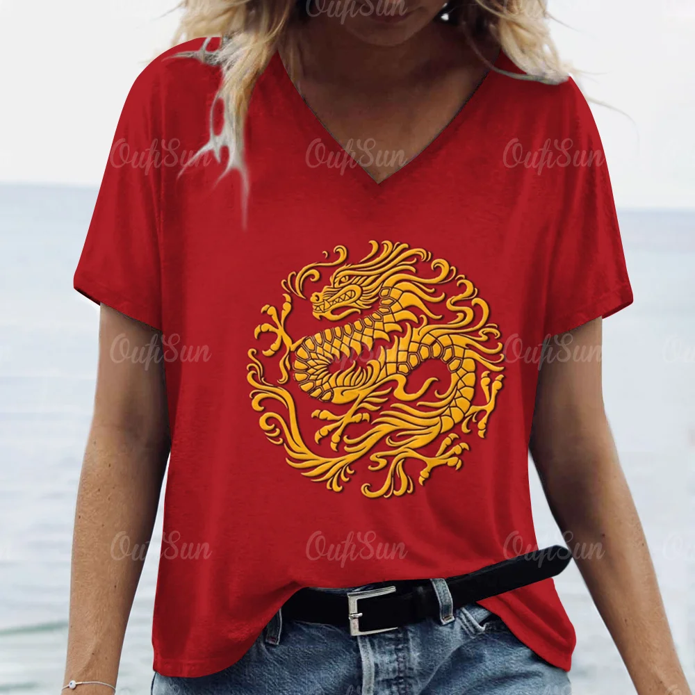 

New Women's T-Shirt, Year of the Dragon Print Element Summer Simple V-Neck Short-Sleeved Casual Top Y2k Large Size Loose T-Shirt