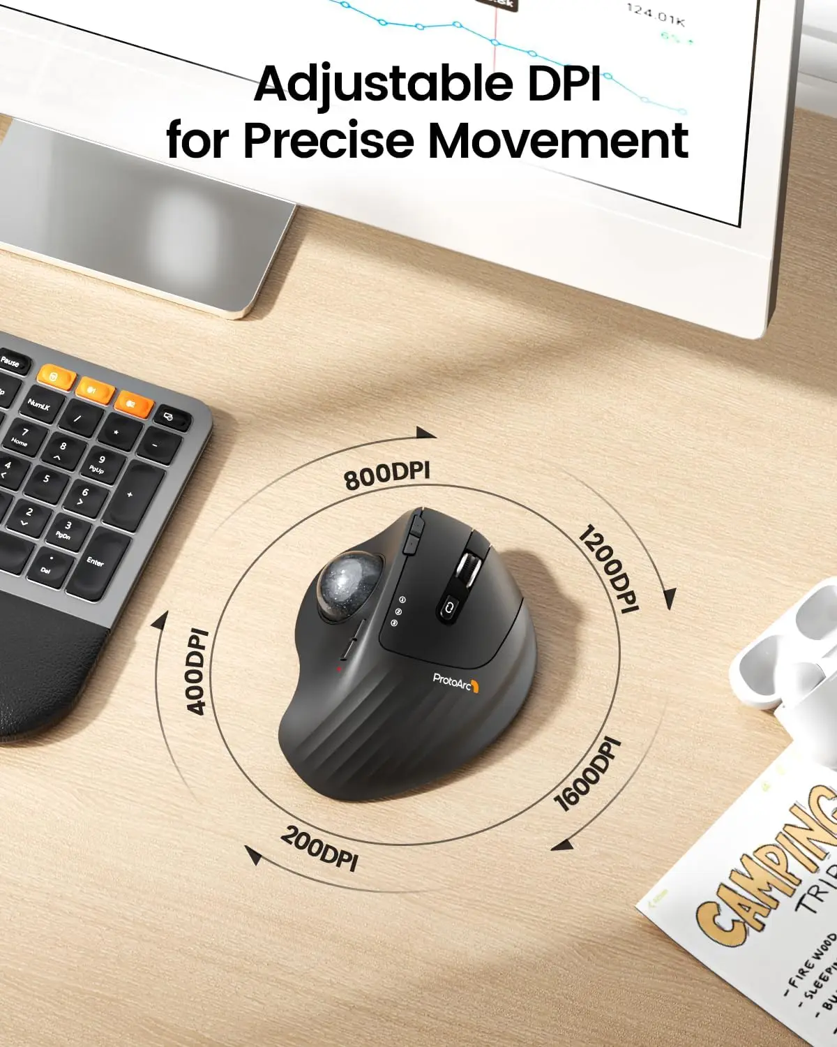 ProtoArc Wireless Trackball Mouse EM01 NL Ergonomic Bluetooth Rollerball Thumb Rechargeable Computer Laptop Mouse