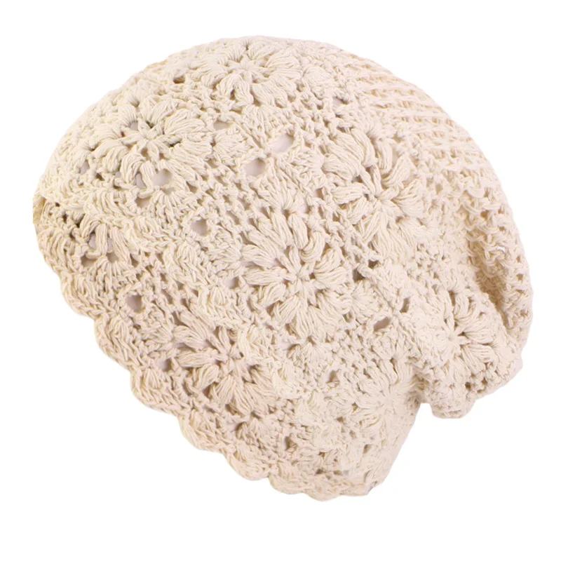 New Women Handmade Crochet Slouchy Beanie Knit Hat Elegant Flower Hollow Out Breathable Skull Cap Elastic Beanies Chemo Cap 5