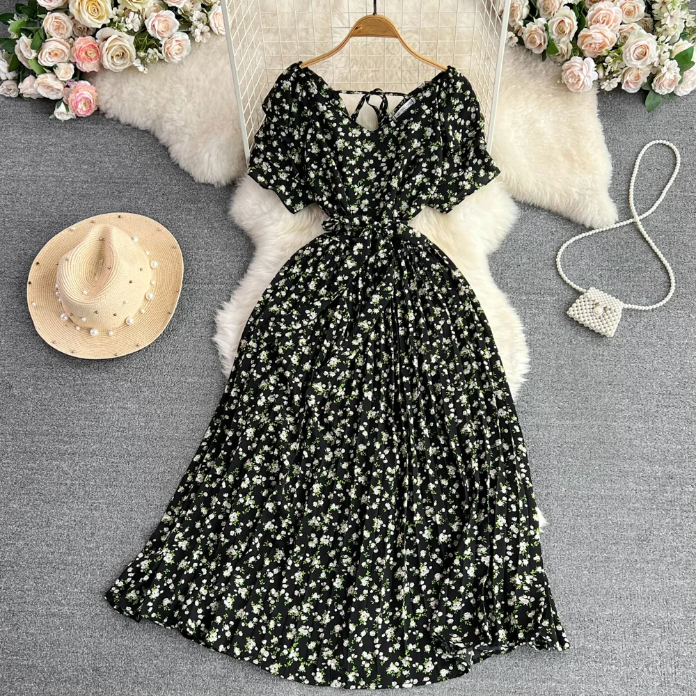 

Женское длинное платье с принтом, с коротким рукавом и высокой талией