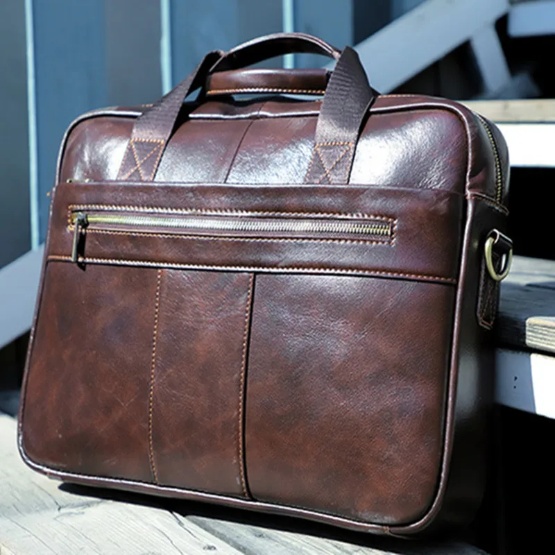 Vintage Genuine Leather Men's Briefcase Business Handbag Office Male Shoulder Messenger Bag Cowhide 15.6